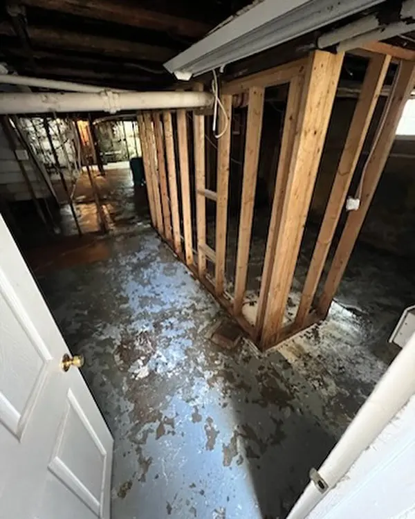Basement wall framing opened to dry after flooding in Fresh Meadows