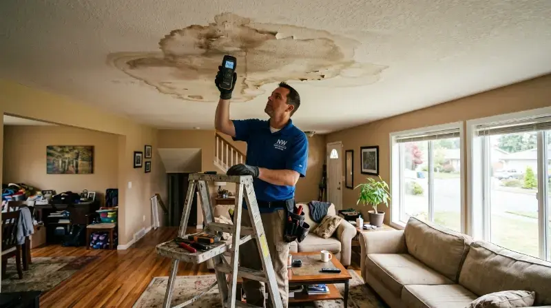 Technician checking a water-stained living room ceiling with a moisture meter in Fresh Meadows